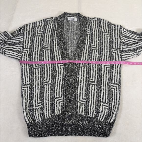 Vintage Jed Medium Geometric 80s Cozy Grandpa Sweater Cardigan Black & White - Picture 6 of 10